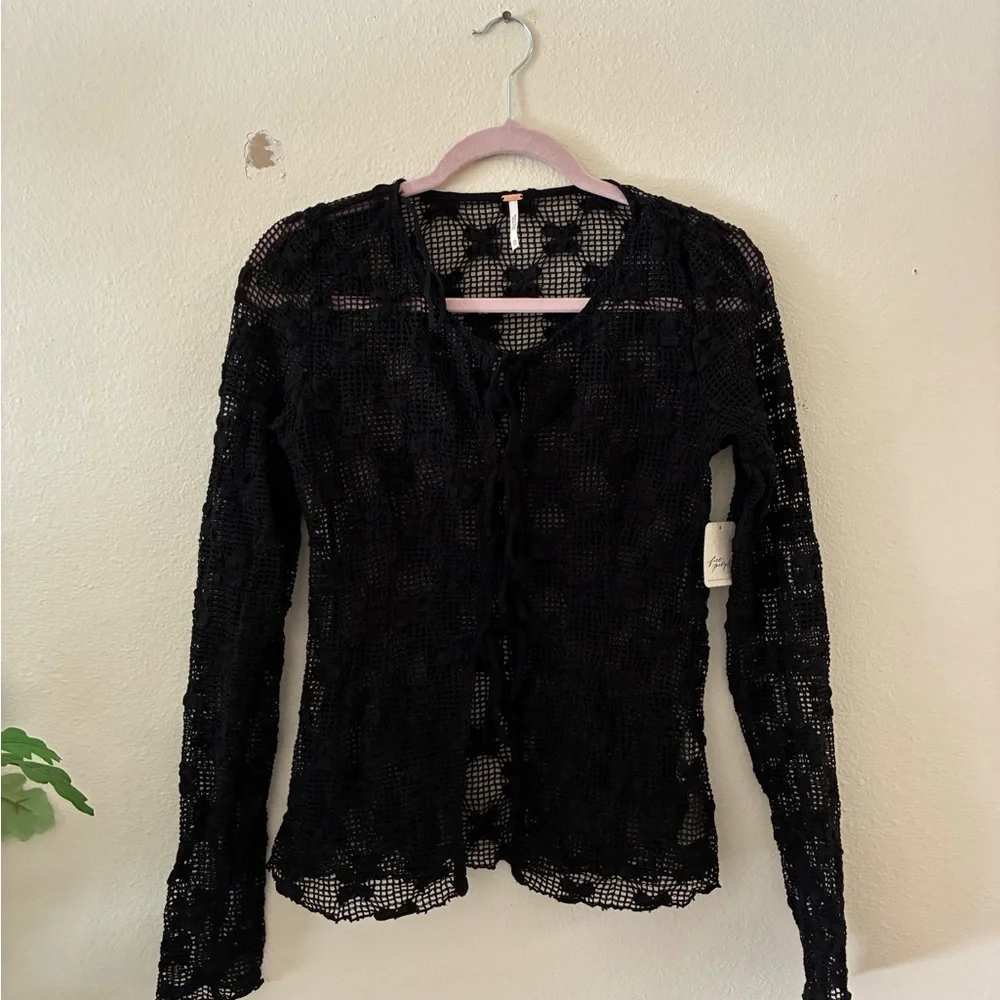 Free People Women’s Julie Knit Black Sheer Lace Cardigan Size XS Crochet Bow Tie